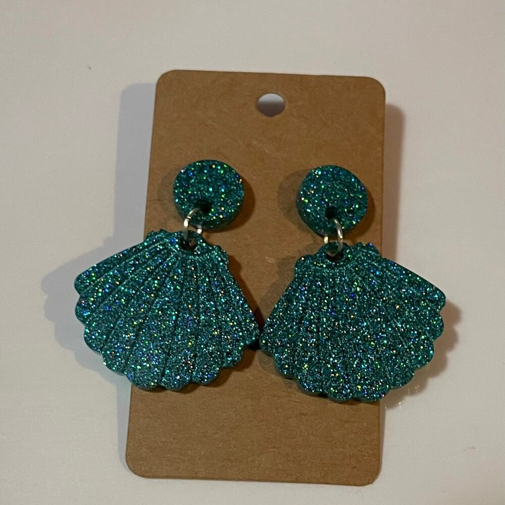 Handmade epoxy resin seashell earrings - teal holographic glitter